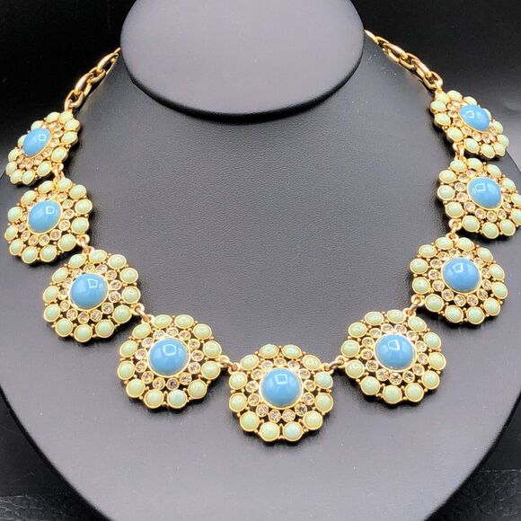 J. CREW Statement Bib Necklace Aqua Mint Green Crystal Cabs Gold Tone Medallions - Picture 4 of 9